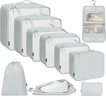 10 set mesh packing cubes in various sizes with laundry bag, makeup bag, and zipper pouch for organized travel.