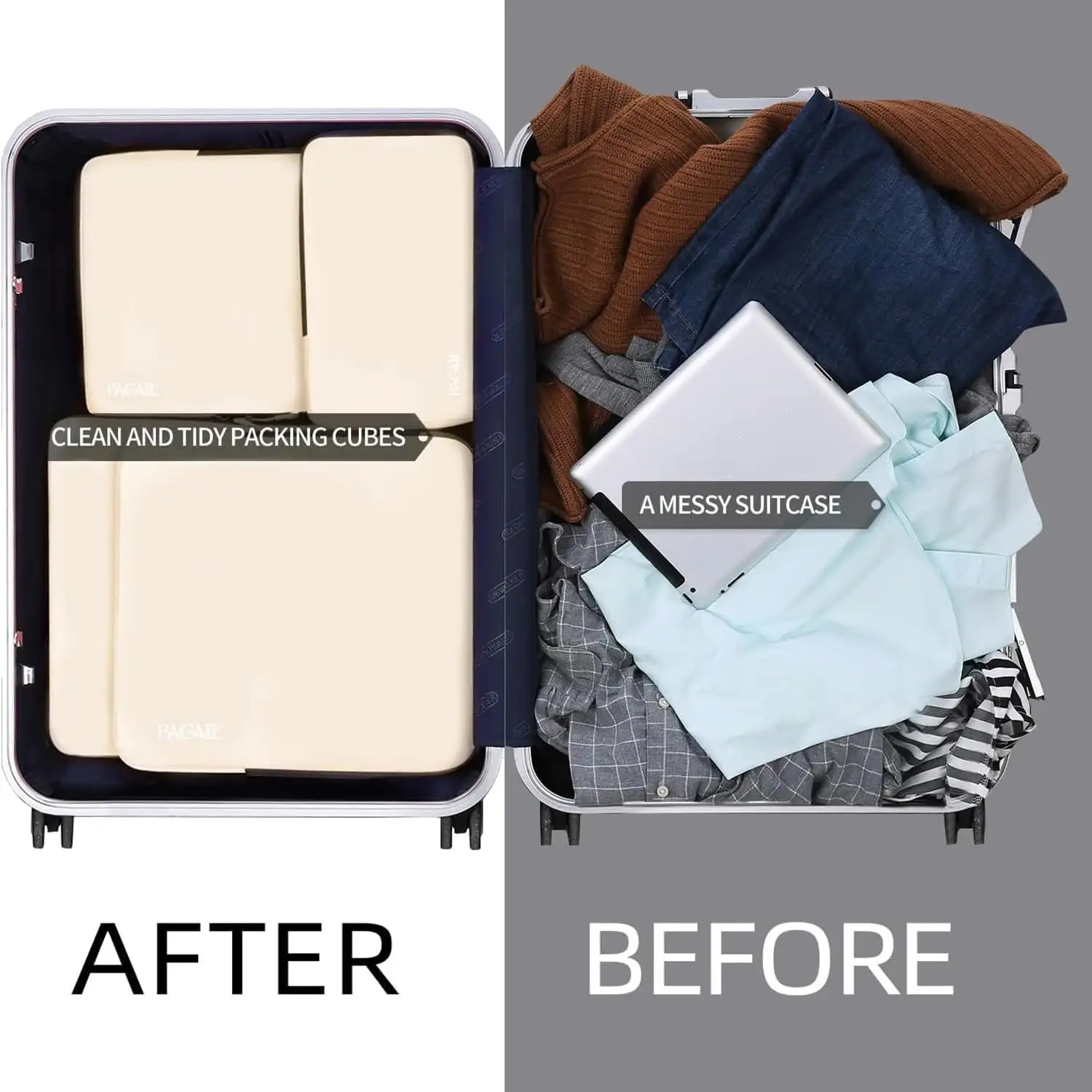 Expandable 4 set compression packing cubes for travel, lightweight organizers to maximize luggage space.