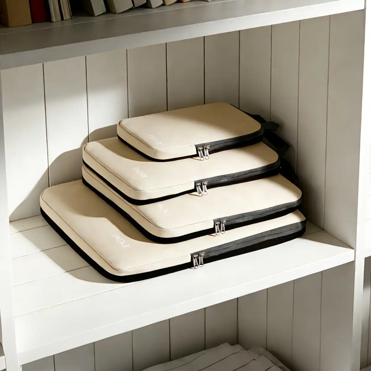 4 set of compression packing cubes for travel, expandable organizers for efficient luggage packing and space-saving.