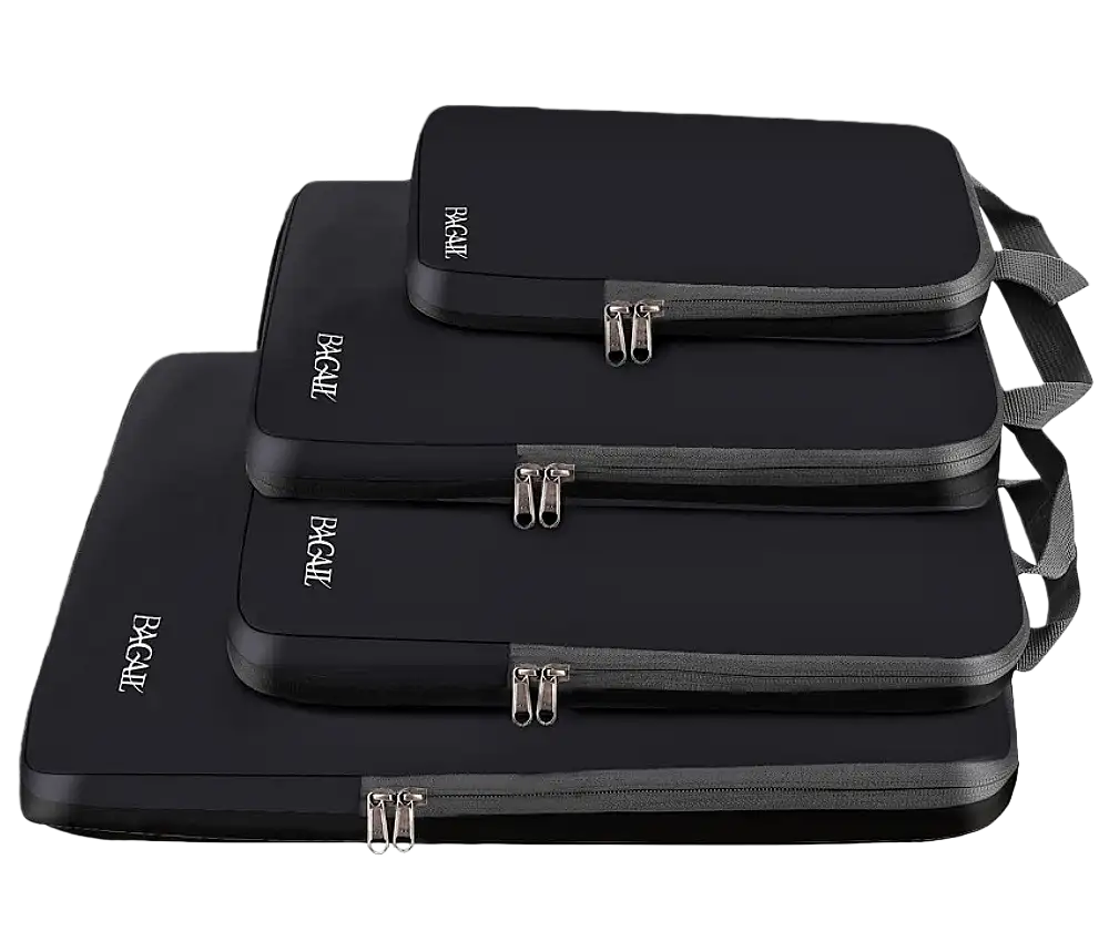 Expandable compression packing cubes set for travel, featuring 4 organizers for efficient luggage packing and storage.