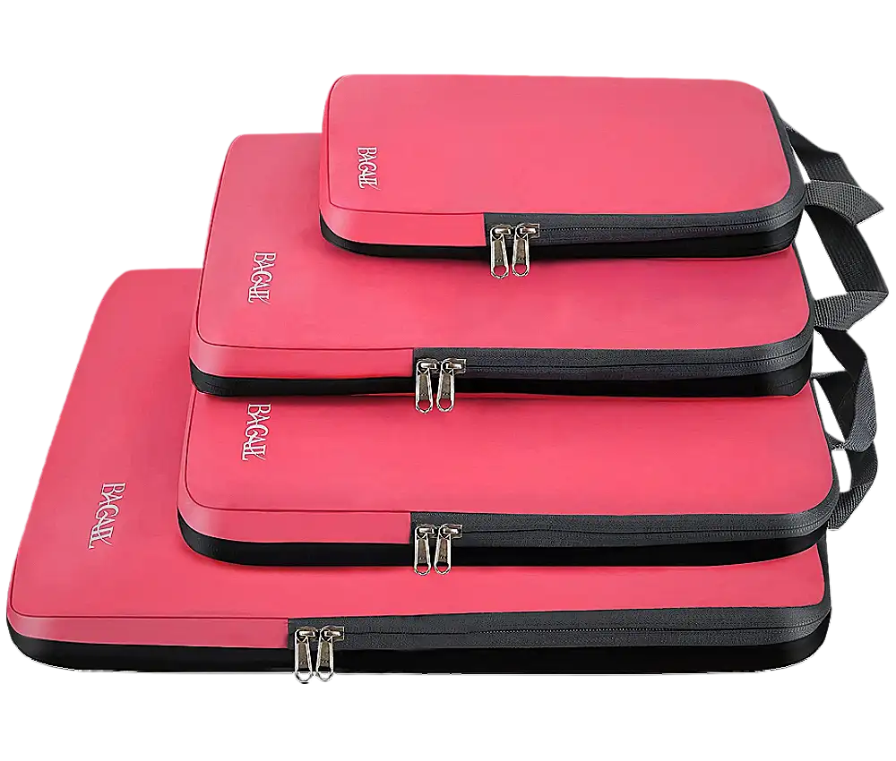 Expandable 4 set compression packing cubes for organized travel, featuring durable fabric and efficient space-saving design.