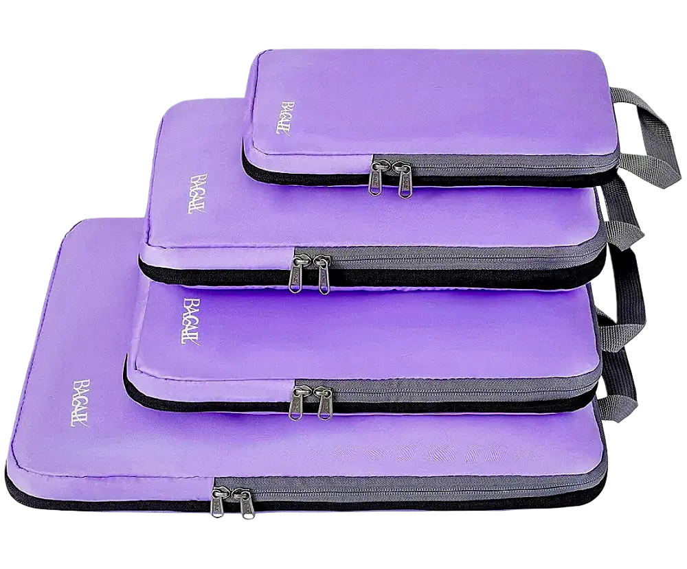 Expandable compression packing cubes set for travel, featuring 4 versatile organizers in various sizes for efficient packing.