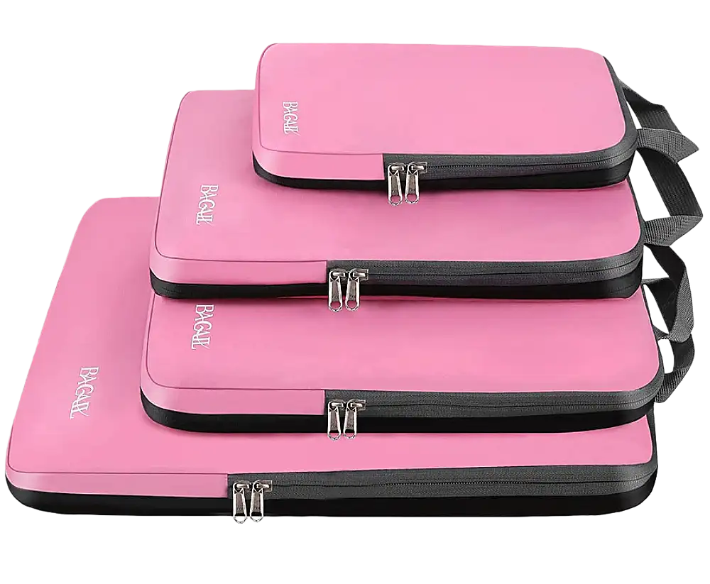 Expandable 4-set compression packing cubes for travel, perfect for organized luggage and maximizing space efficiency.