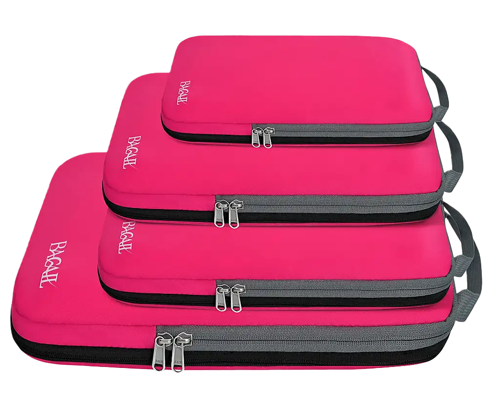 Compression packing cubes set for travel, expandable organizers for efficient luggage packing and space-saving.