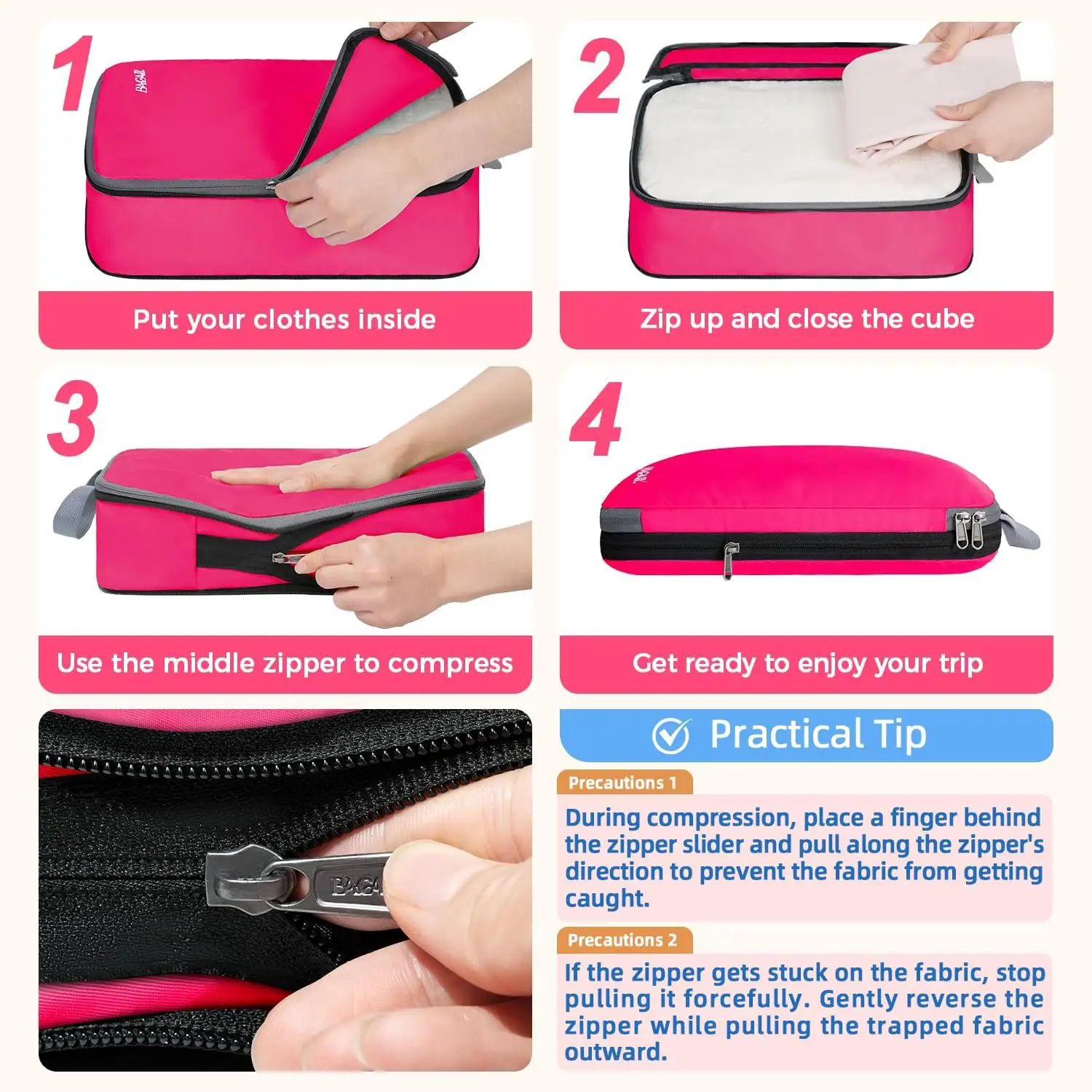 Expandable 4-set compression packing cubes for travel, featuring durable fabric and space-saving design for organized lugg...