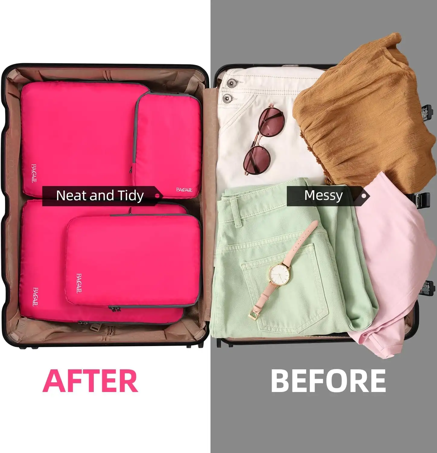 Compression packing cubes set for travel, expandable organizers for efficient luggage packing and space-saving.