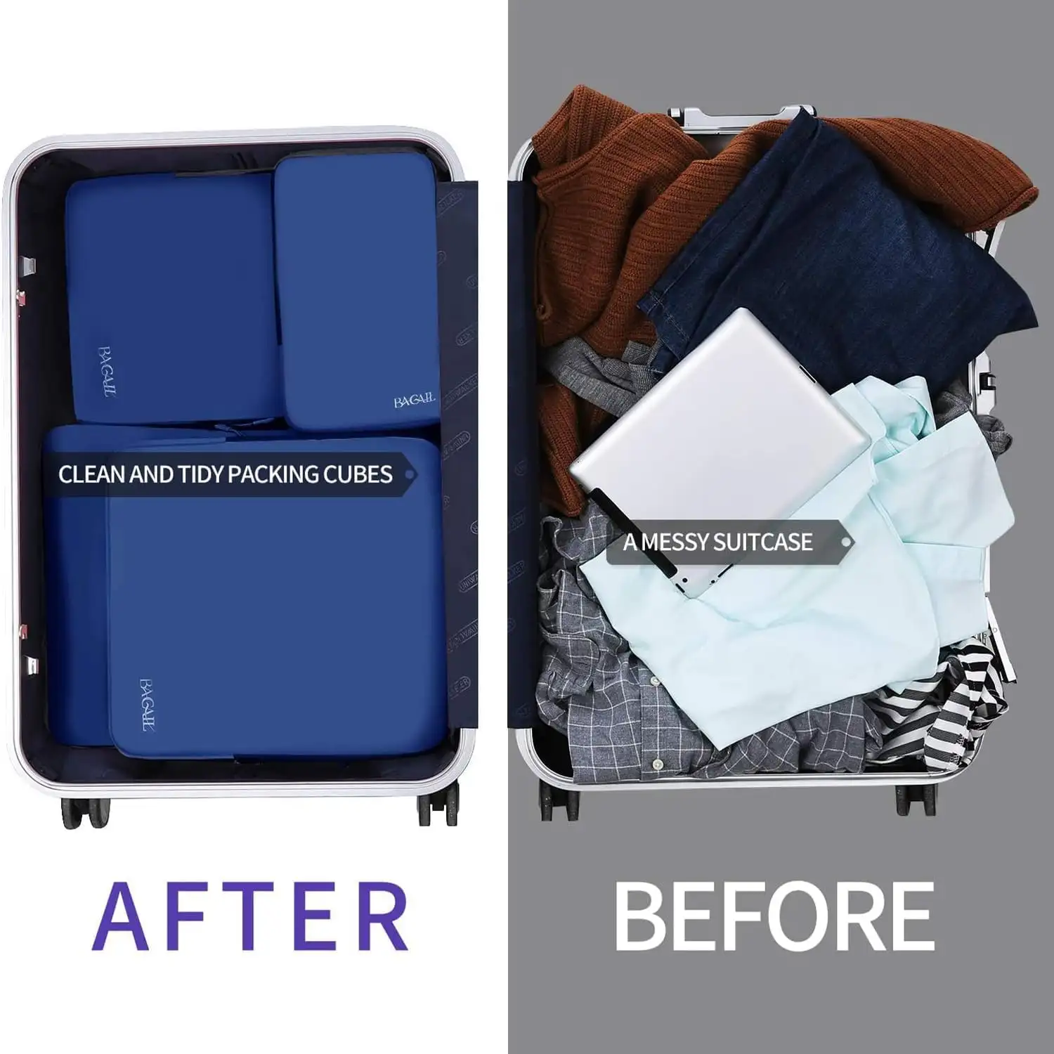 Expandable 4 set compression packing cubes for travel, ideal for organizing clothes and maximizing suitcase space.