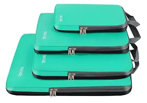 4 set compression packing cubes for travel, expandable organizers for efficient luggage storage and organization.
