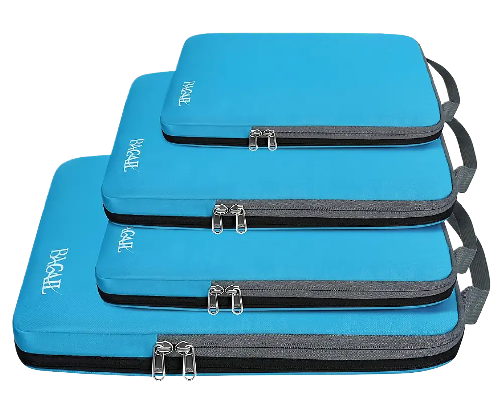 Expandable 4 set compression packing cubes for travel, organized storage, and efficient packing solutions.