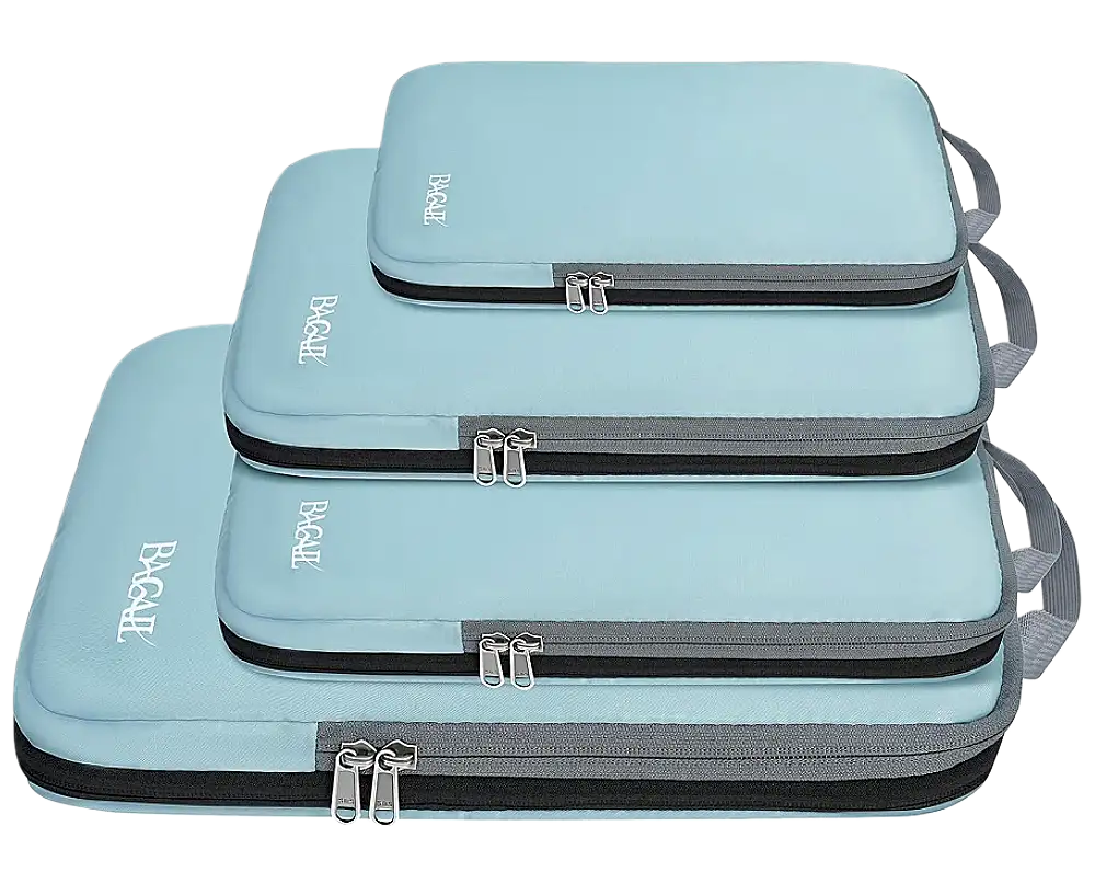 Expandable 4 set compression packing cubes for organized travel, featuring lightweight design and durable fabric.