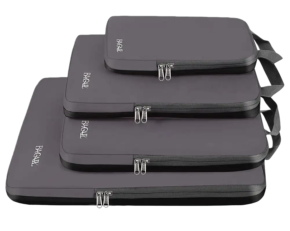 Expandable 4 set compression packing cubes for efficient travel organization and space-saving packing solutions.
