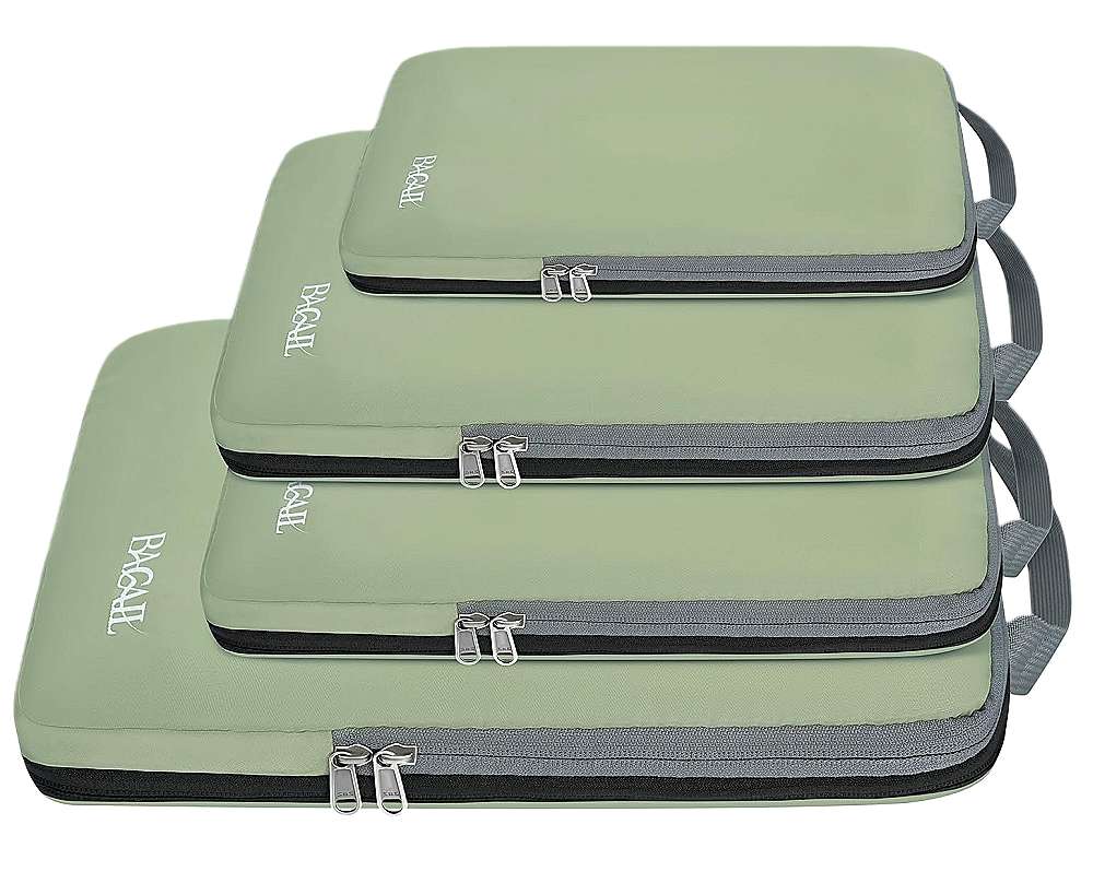 Expandable 4-set compression packing cubes for efficient travel organization and space-saving storage.