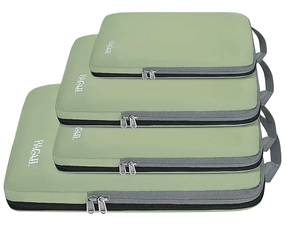 Expandable compression packing cubes set for travel, featuring 4 organizers for efficient luggage packing.