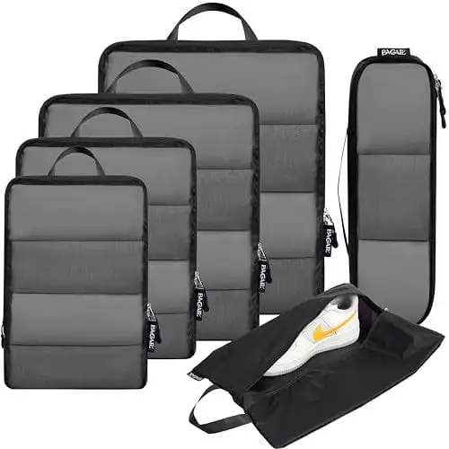 BAGAIL 6 Set Ultralight Compression Packing Cubes in Black, Expandable Travel Organizers for efficient packing.