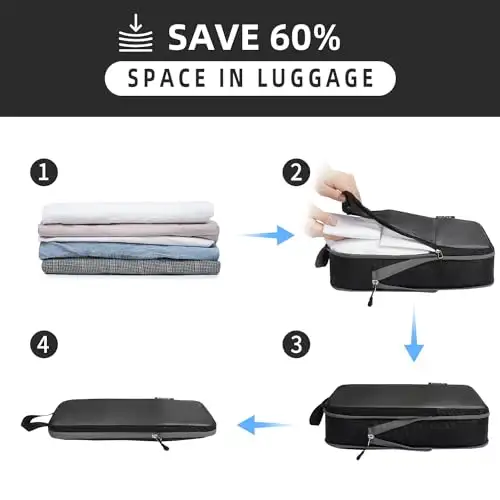 BAGAIL 6 Set Ultralight Compression Packing Cubes in Black, expandable travel organizers for efficient packing and storage.