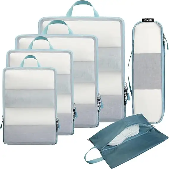BAGAIL 6 Set Ultralight Compression Packing Cubes in Dusty Blue Mesh, expandable travel organizers for efficient packing.