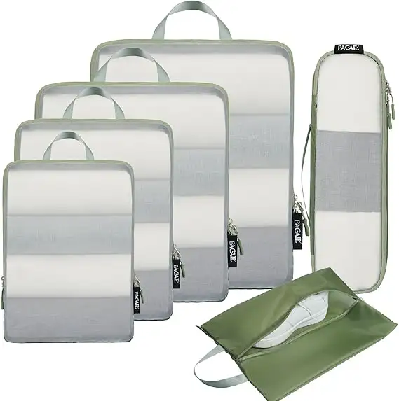 BAGAIL 6 Set Ultralight Compression Packing Cubes in Black and Matcha Green for organized travel and efficient packing.