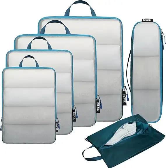 BAGAIL 6 Set Ultralight Compression Packing Cubes in teal mesh, expandable travel organizers for efficient packing.