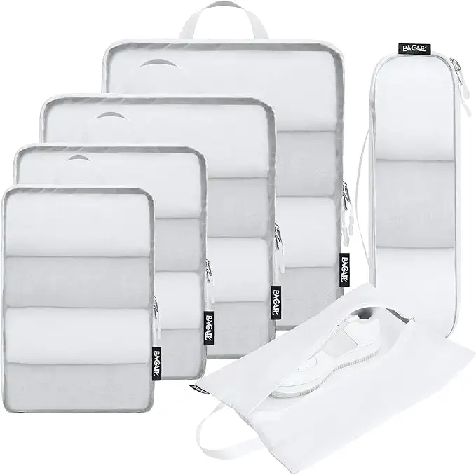 BAGAIL 6 Set Ultralight Compression Packing Cubes in black mesh, ideal travel organizers for efficient packing.