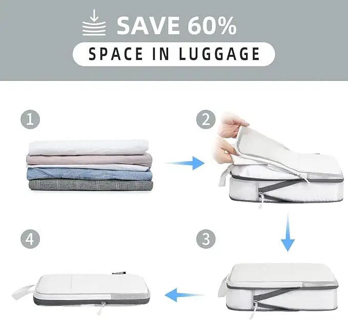 BAGAIL 6 Set Ultralight Compression Packing Cubes in black, expandable travel organizers with mesh design for efficient pa...