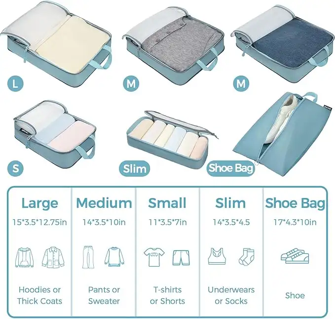 BAGAIL 6 Set Ultralight Compression Packing Cubes in Black, Expandable Travel Organizers with Mesh Pattern for Easy Packing