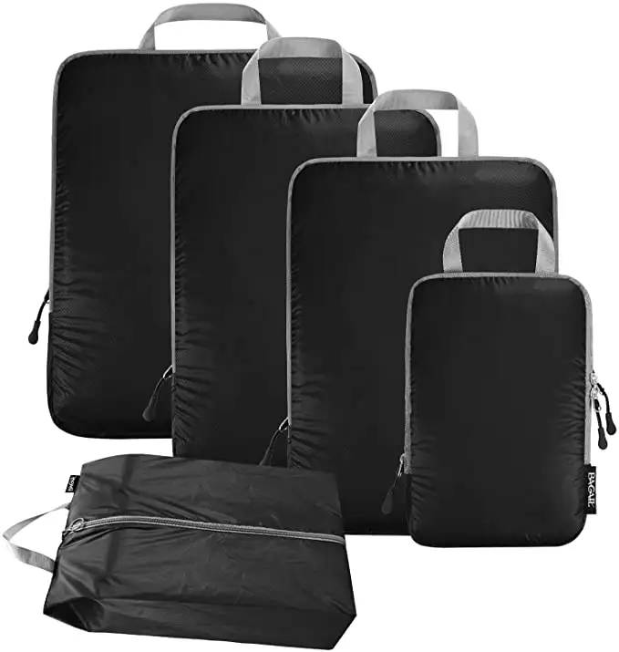 5-piece ultralight 40D nylon packing cubes set with shoe bag for organized travel and efficient packing.