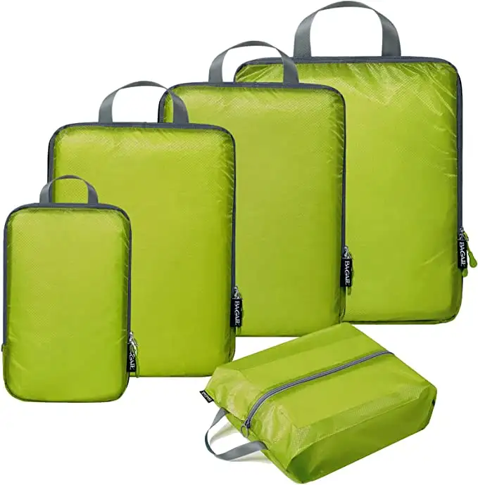 5 Set Ultralight 40D Nylon Packing Cubes with Shoe Bag, Travel Organizers for Efficient Packing, Eco-Friendly Green