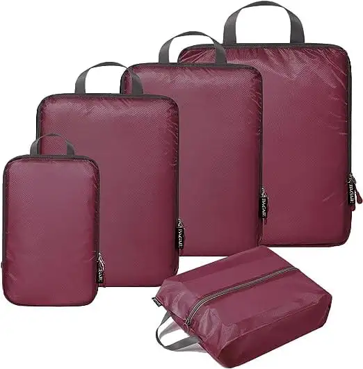 5 set ultralight 40D nylon packing cubes in burgundy with shoe bag, perfect for organized travel and packing accessories.
