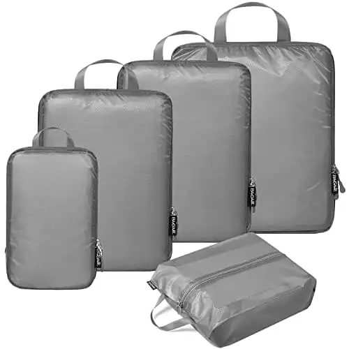 5 Set 40D Ultralight Nylon Packing Cubes with Shoe Bag for Travel, Grey Compression Organizers for Efficient Packing