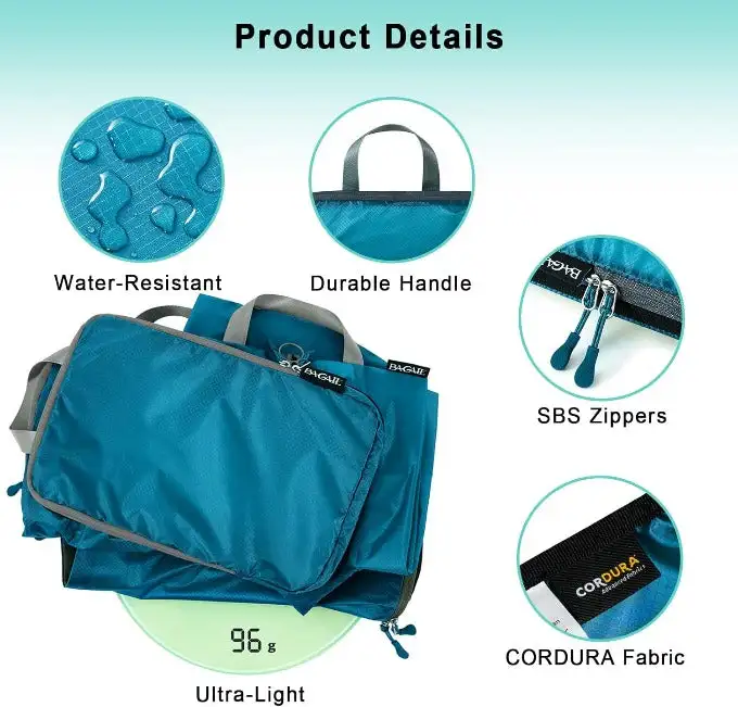 30D ultralight compression packing cubes set with shoe bag and laundry bag for efficient travel organization.