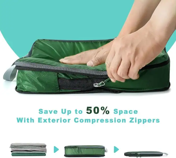 30D ultralight compression packing cubes set with shoe bag and laundry bag for organized travel and luggage storage.