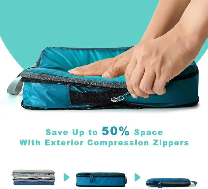 30D ultralight compression packing cubes set with shoe bag and laundry bag for travel organization and luggage storage.