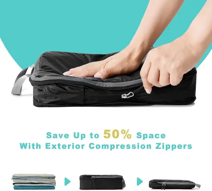 30D ultralight compression packing cubes set with shoe and laundry bags for organized travel and luggage management.