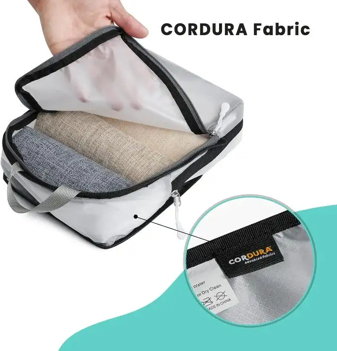 Ultralight 30D compression packing cubes set with shoe and laundry bags for organized travel and luggage storage.