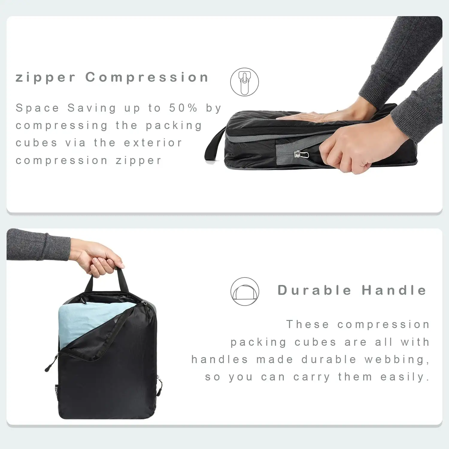 Ultralight compression packing cubes set for camping, hiking, and backpacking, featuring water-resistant design and shoe bag.