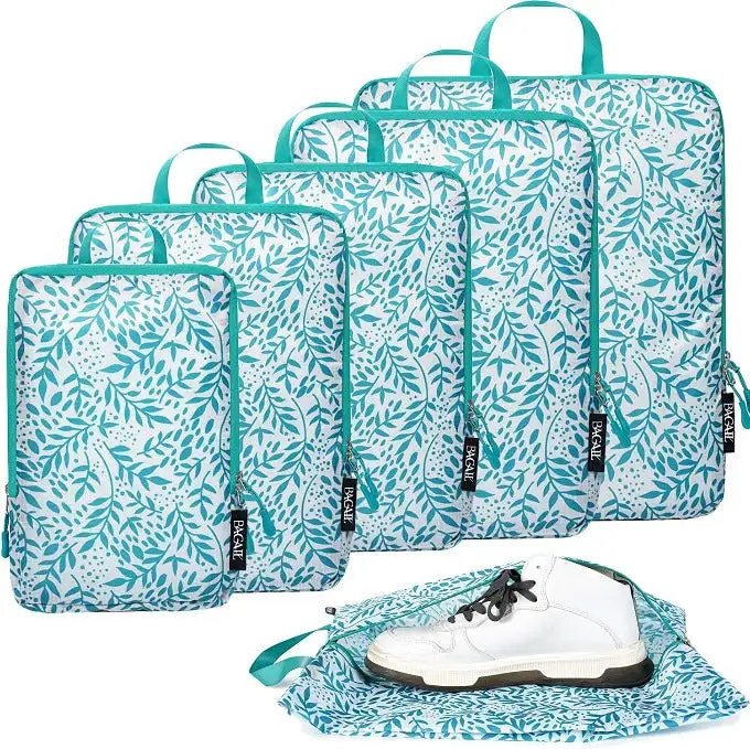 6-set ultralight compression packing cubes with shoe bag, water-resistant gear organizers for camping and hiking.