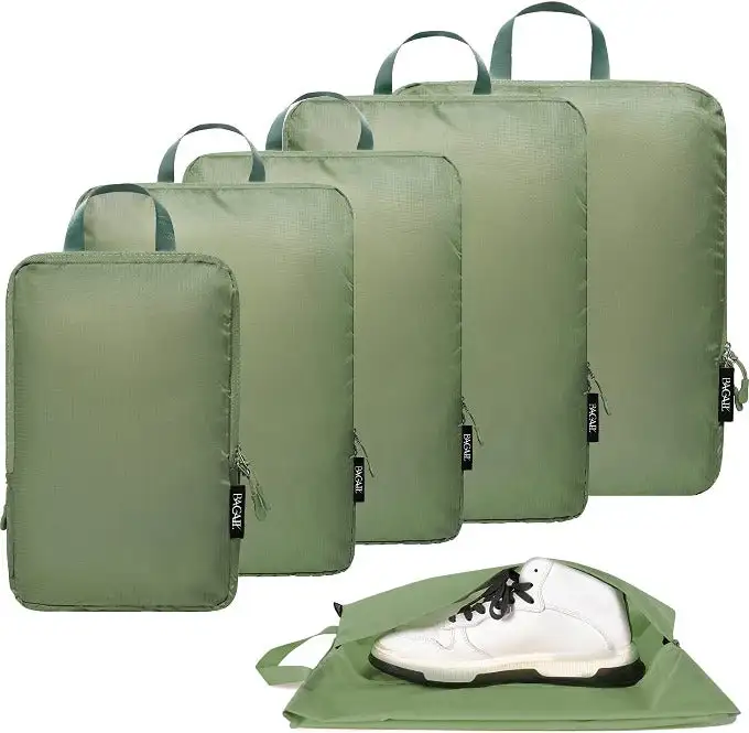 Ultralight compression packing cubes set with water-resistant fabric, shoe bag, perfect for camping and hiking organization.