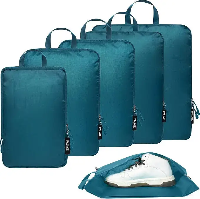 Ultralight 6-set compression packing cubes in teal, water-resistant storage for camping, hiking, and travel with shoe bag.
