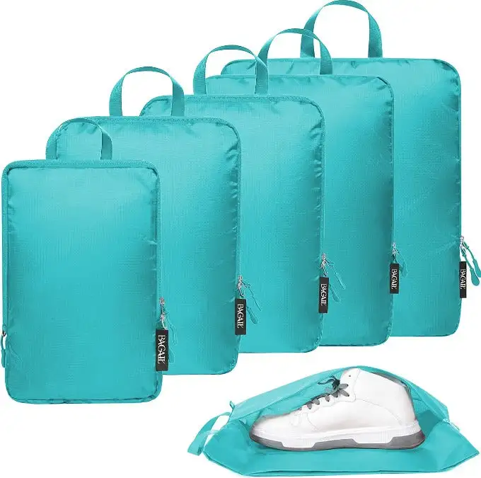 Ultralight compression packing cubes set with water-resistant shoe bag for camping, hiking, and outdoor gear organization.