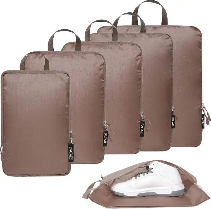 Ultralight 6-set compression packing cubes, water-resistant, perfect for camping, hiking, and backpacking storage.