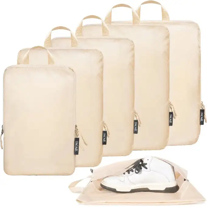 6-pack ultralight compression packing cubes in beige, water-resistant, ideal for camping, hiking, and travel organization.
