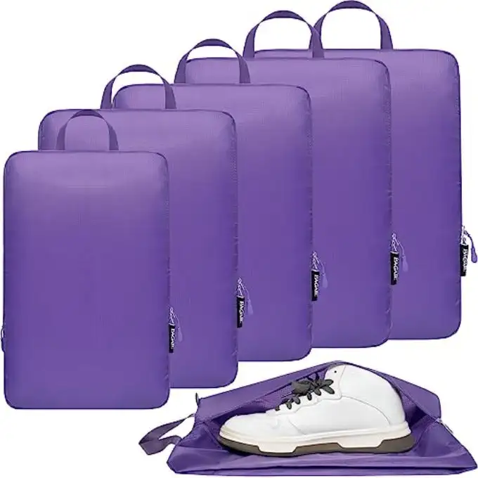 Ultralight compression packing cubes set, water-resistant organizers with shoe bag for camping and hiking storage.