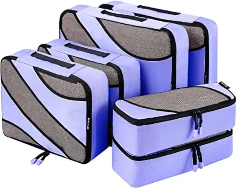 6 set half mesh packing cubes in lavender, various sizes for organized travel luggage and efficient packing.