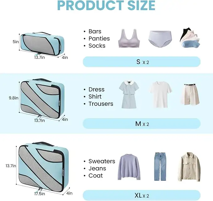 6-pack half mesh packing cubes in various sizes for organized travel luggage storage and easy packing solutions.