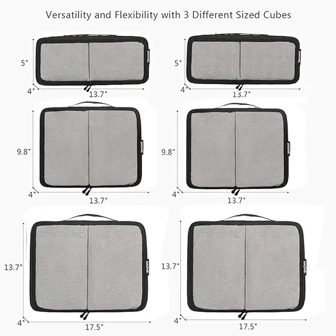 6 set half mesh packing cubes in various sizes for efficient travel luggage organization and space-saving packing.