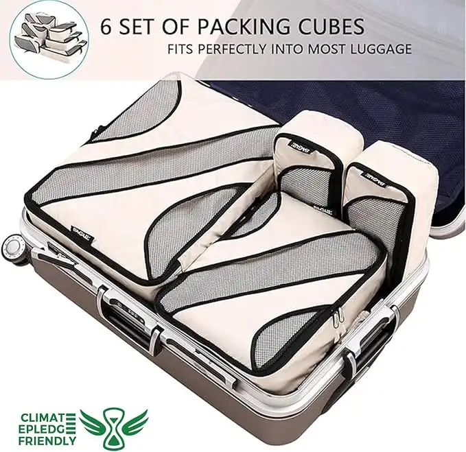 6 set half mesh packing cubes in various sizes for organized travel luggage and efficient packing solutions.