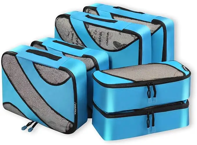 6-pack half mesh packing cubes in various sizes for efficient travel luggage organization and easy packing.