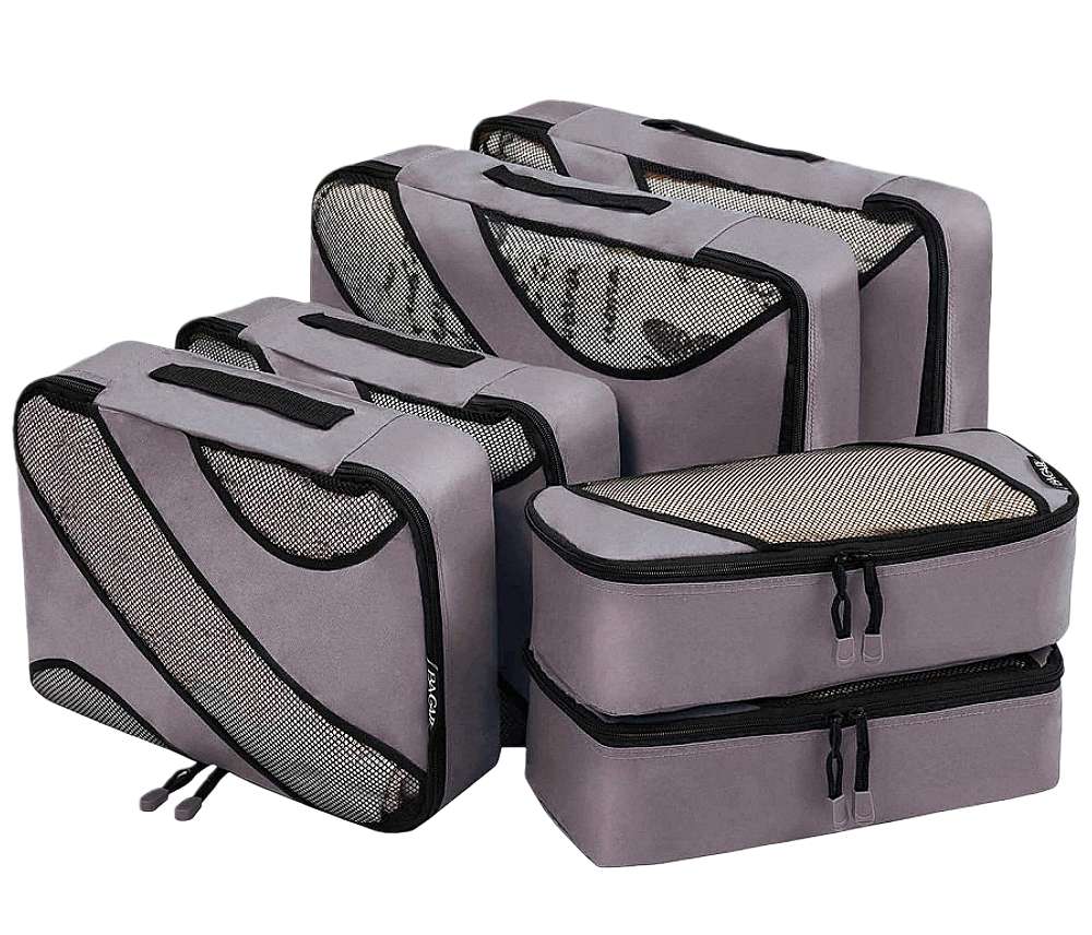 6 set half mesh packing cubes in various sizes, perfect for organizing travel luggage and maximizing packing efficiency.