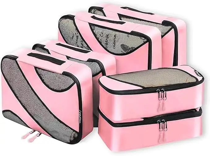 6 mesh packing cubes in various sizes for organized travel luggage, ideal for efficient packing and easy access.