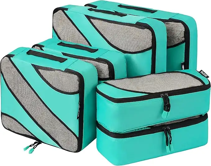 Half mesh packing cubes set of 6 in various sizes for organized travel luggage and efficient packing solutions.